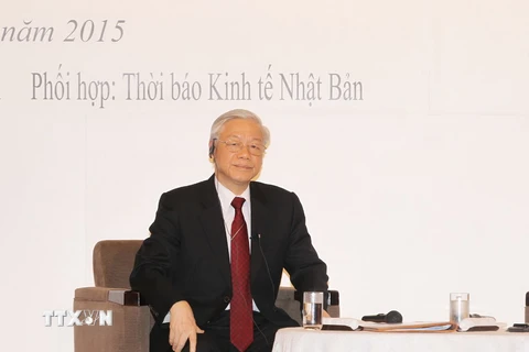 Tổng Bí thư Nguyễn Phú Trọng nói chuyện, trao đổi với đại diện các tầng lớp xã hội Nhật Bản. (Ảnh: Trí Dũng/TTXVN)