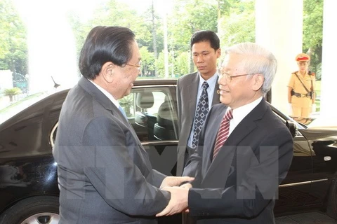 Tổng Bí thư Nguyễn Phú Trọng và Tổng Bí thư, Chủ tịch nước Lào Chummaly Sayasone. (Ảnh: Trí Dũng/TTXVN)