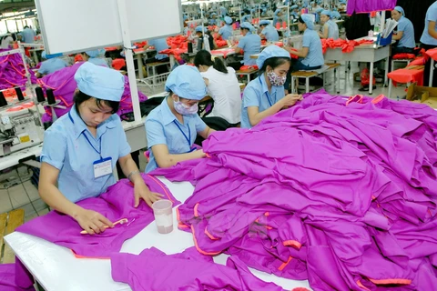 Sản xuất hàng may mặc xuất khẩu tại Công ty may Hòa Thọ tại Khu công nghiệp Nam Đông Hà. (Ảnh: Danh Lam/TTXVN)