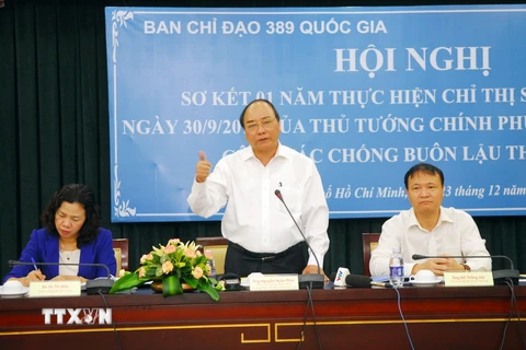 Phó Thủ tướng Nguyễn Xuân Phúc, Trưởng Ban Chỉ đạo 389 Quốc gia phát biểu tại hội nghị. (Ảnh: Mạnh Linh/TTXVN)