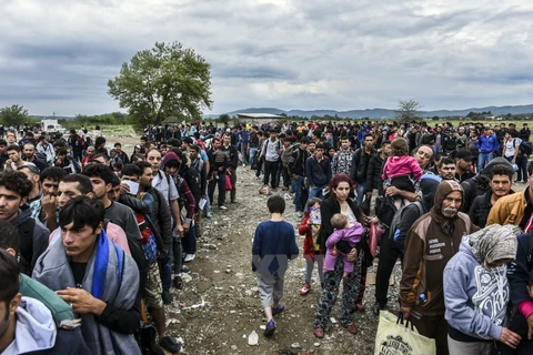 gười di cư tập trung gần khu vực Gevgelija, Macedonia sau khi vượt qua biên giới Hy Lạp-Macedonia. (Nguồn: AFP/TTXVN)