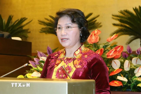 Tân Chủ tịch Quốc hội Nguyễn Thị Kim Ngân phát biểu nhậm chức. (Ảnh: Nhan Sáng/TTXVN)