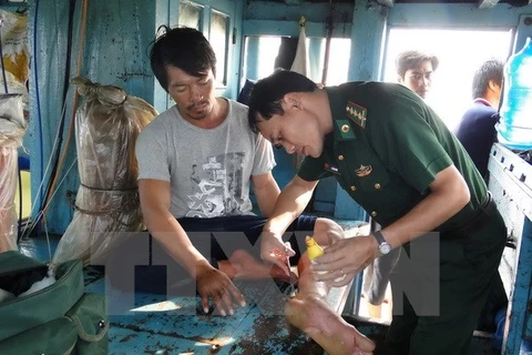 Quân y Biên phòng tỉnh Sóc Trăng chăm sóc sức khỏe cho ngư dân bị nạn. (Ảnh: Trung Hiếu/TTXVN)