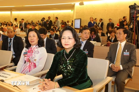 Phó Chủ tịch nước Đặng Thị Ngọc Thịnh đến dự và phát biểu tại khóa họp thứ 32 Hội đồng Nhân quyền Liên hợp quốc. (Ảnh: Quang Hải/TTXVN)