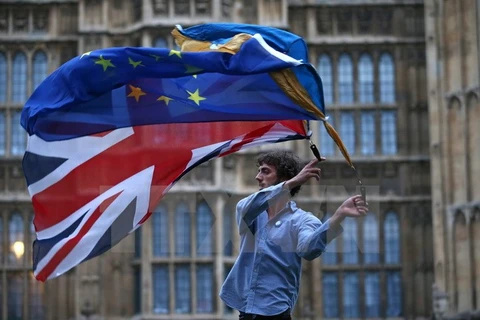 Một người biểu tình vẫy cờ Anh và EU bên ngoài tòa nhà Quốc hội Anh. (Nguồn: AFP/TTXVN)