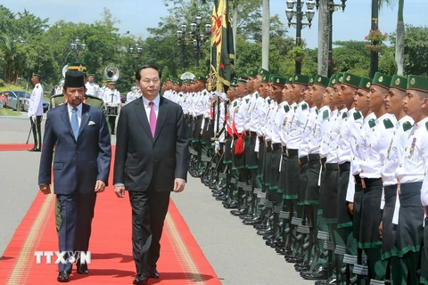 Chủ tịch nước Trần Đại Quang và Quốc vương Haji Hassanal Bolkiah Mu’izzaddin Waddaulah duyệt đội danh dự Quân đội Hoàng gia Brunei. (Ảnh: Nhan Sáng/TTXVN)