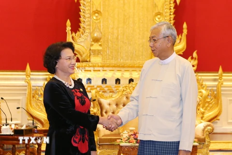 Chủ tịch Quốc hội Nguyễn Thị Kim Ngân đến chào Tổng thống Cộng hòa Liên bang Myanmar Htin Kyaw. (Ảnh: Trọng Đức/TTXVN)