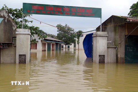 Ngập lụt tại chợ Vực, xã Cẩm Duệ, Cẩm Xuyên, Hà Tĩnh. (Nguồn: TTXVN)
