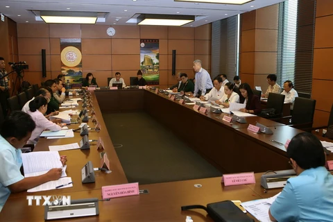 Đại biểu Quốc hội tỉnh Kon Tum, Gia Lai, Quảng Ninh, Quảng Ngãi thảo luận ở tổ. (Ảnh: Nguyễn Dân/TTXVN)