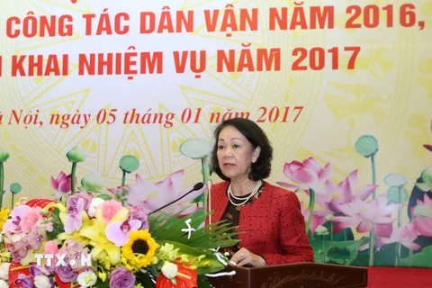 Bà Trương Thị Mai, Ủy viên Bộ Chính trị, Trưởng Ban Dân vận Trung ương phát biểu. (Ảnh: Phương Hoa/TTXVN)