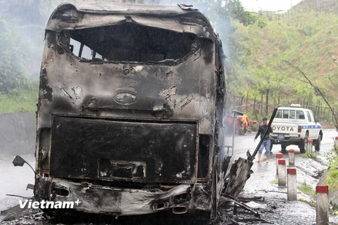 Chiếc xe bị cháy rụi. (Ảnh: Văn Sơn/Vietnam+)