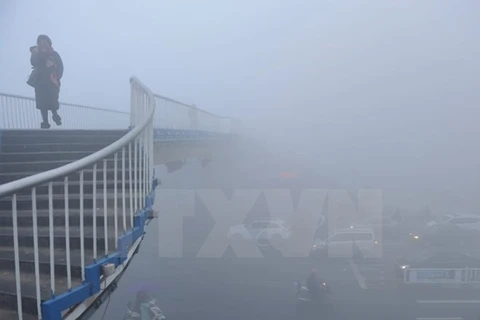 Sương mù dày đặc bao phủ một con phố ở tỉnh An Huy ngày 3/1/2017. (Nguồn: EPA/TTXVN)