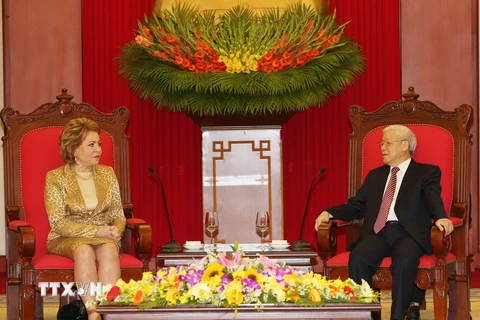Tổng Bí thư Nguyễn Phú Trọng tiếp Chủ tịch Hội đồng Liên bang Nga Valentina Ivanovna Matvienko đang thăm chính thức Việt Nam. (Ảnh: Trí Dũng/TTXVN)