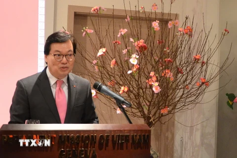 Đại sứ Dương Chí Dũng, Trưởng Phái đoàn Việt Nam phát biểu tại buổi gặp gỡ. (Ảnh: Hoàng Hoa/TTXVN)