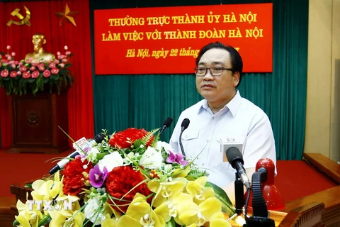 Bí thư Thành ủy Hà Nội Hoàng Trung Hải phát biểu tại buổi làm việc. (Ảnh: An Đăng/TTXVN)