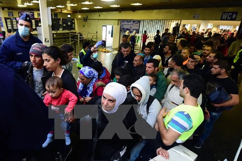 Người di cư chờ đợi các chuyến tàu để tới Áo và Đức tại nhà ga Eastern Keleti ở Budapest, Hungary ngày 12/9/2015. (Nguồn: AFP/TTXVN)
