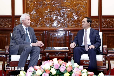 Chủ tịch nước Trần Đại Quang tiếp Chủ tịch Tập đoàn General Electric của Hoa Kỳ, ông Jeffrey Immelt. (Ảnh: Nhan Sáng/TTXVN)