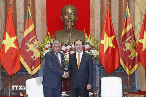 Chủ tịch nước Trần Đại Quang tiếp Thủ tướng Sri Lanka Ranil Wickremesinghe đang thăm chính thức Việt Nam. (Ảnh: Nhan Sáng/TTXVN)