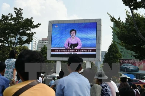 Người dân Triều Tiên theo dõi tin tức trên truyền hình tại nhà ga ở Bình Nhưỡng. (Nguồn: AFP/TTXVN)
