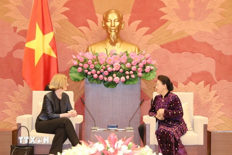 Chủ tịch Quốc hội Nguyễn Thị Kim Ngân tiếp bà Wendy Matthews, Đại sứ đặc mệnh toàn quyền New Zealand tại Việt Nam đến chào xã giao. (Ảnh: Trọng Đức/TTXVN)
