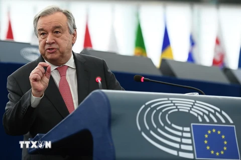 Tổng Thư ký Liên hợp quốc Antonio Guterres phát biểu trong một sự kiện tại Nghị viện châu Âu ở Strasbourg, Pháp ngày 17/5. (Nguồn: AFP/TTXVN)
