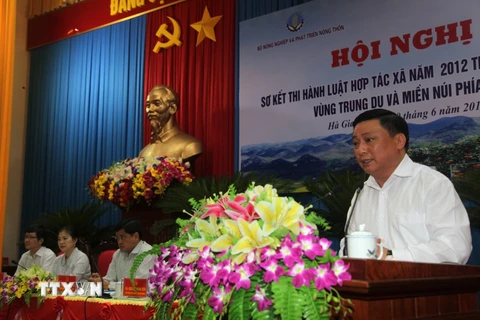 Phó Chủ tịch Ủy ban Nhân dân tỉnh Hà Giang Nguyễn Minh Tiến phát biểu tại hội nghị. (Ảnh: Minh Tâm/TTXVN)