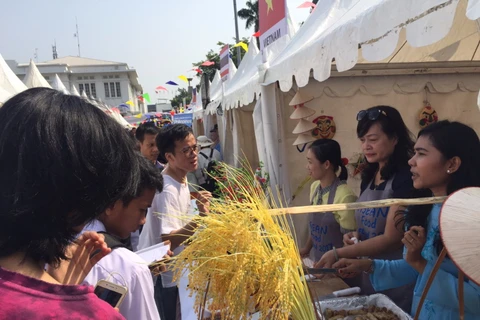 Đại diện Đại sứ quán Việt Nam tại Indonesia giới thiệu món nem truyền thống tại festival. (Nguồn: Đại sứ quán Việt Nam tại Indonesia)
