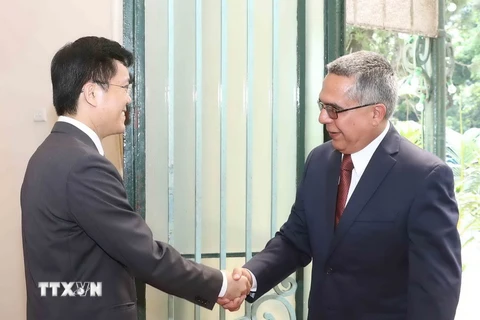 Thứ trưởng Bộ Ngoại giao Hà Kim Ngọc tham vấn chính trị với Thứ trưởng thứ nhất Bộ Ngoại giao Cuba Mercelino M.Gonzalez. (Ảnh: Phương Hoa/TTXVN)