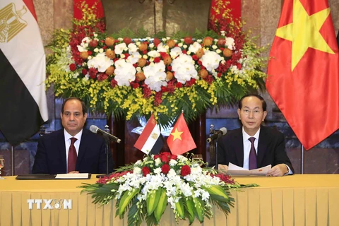 Chủ tịch nước Trần Đại Quang và Tổng thống Ai Cập Abdel Fattah el-Sisi chủ trì họp báo, thông báo kết quả hội đàm. (Ảnh: Nhan Sáng/TTXVN)