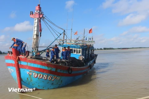 Tàu cá gặp nạn được đưa về cảng cá Lạch Hới. (Ảnh: Hoa Mai/Vietnam+)