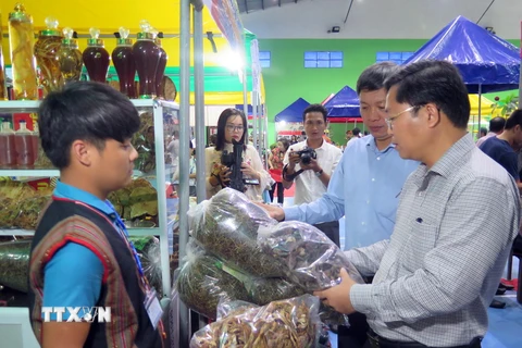 Phó Chủ tịch UBND tỉnh Quảng Nam Lê Trí Thanh đi kiểm tra hàng hóa tại hội chợ. (Ảnh: Nguyễn Sơn/TTXVN)