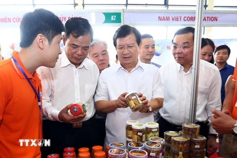 Phó Thủ tướng Trịnh Đình Dũng thăm các gian hàng tại Hội chợ cá tra và các sản phẩm thủy sản Việt Nam. (Ảnh: Danh Lam/TTXVN)