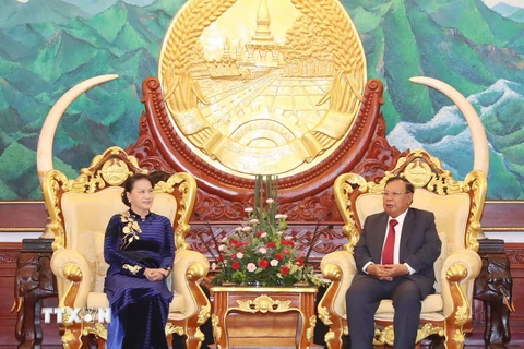 Chủ tịch Quốc hội Nguyễn Thị Kim Ngân đến chào Tổng Bí thư, Chủ tịch nước Lào Bounnhang Vorachith. (Ảnh: Trọng Đức/TTXVN)