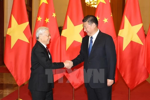 Chủ tịch Trung Quốc Tập Cận Bình tiếp Tổng bí thư Nguyễn Phú Trọng vào tháng 1/2017. (TTXVN/Vietnam+)