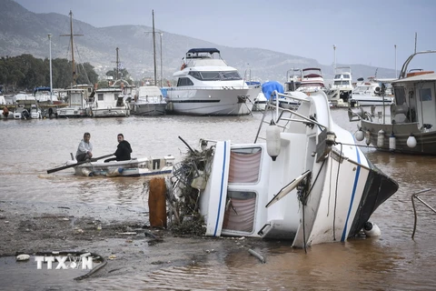 Cảnh ngập lụt tại Manda, Athens ngày 15/11. (Nguồn: THX/TTXVN)