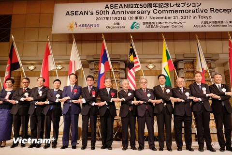 Đại sứ các nước ASEAN và Nhật Bản bắt tay. (Ảnh: Hồng Hà/Vietnam+)