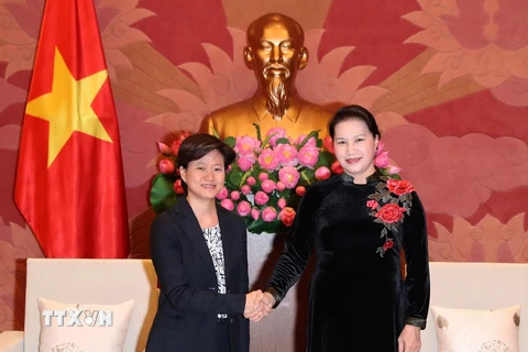 Chủ tịch Quốc hội Nguyễn Thị Kim Ngân tiếp Đại sứ Đặc mệnh toàn quyền Singapore tại Việt Nam, bà Catherine Wong. (Ảnh: Trọng Đức/TTXVN)