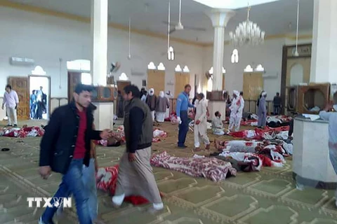 Thi thể các nạn nhân tại hiện trường vụ đánh bom đền thờ Al Rawda ngày 24/11. (Nguồn: AFP/ TTXVN)