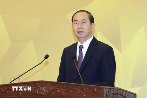 Chủ tịch nước Trần Đại Quang dự và phát biểu tại Lễ tổng kết Năm APEC Việt Nam 2017. (Ảnh: Nhan Sáng/TTXVN)