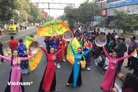 Đoàn Việt Nam diễu hành tại Liên hoan múa. (Ảnh: Minh Luyến/Vietnam+)