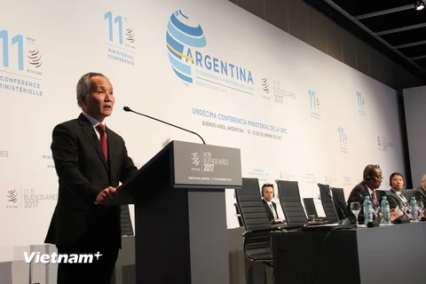 Thứ trưởng Bộ Công Thương Việt Nam Trần Quốc Khánh phát biểu trong phiên họp toàn thể Hội nghị Bộ trưởng Tổ chức Thương mại Thế giới (WTO) lần thứ 11 (Ảnh: Phương Lan/Vietnam+)