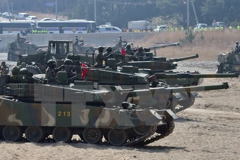 Xe tăng K1 của quân đội Hàn Quốc tham gia tập trận chung với quân đội Mỹ. (Nguồn: AFP/TTXVN)