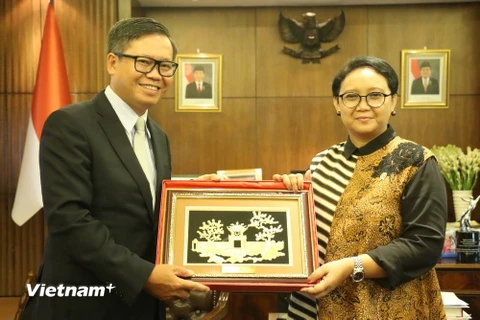 Đại sứ Hoàng Anh Tuấn và Bộ trưởng Ngoại giao Indonesia, bà Retno Marsudi. (Ảnh: Trần Chiến/Vietnam+)