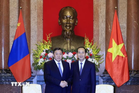 Chủ tịch nước Trần Đại Quang tiếp Chủ tịch Quốc hội Mông Cổ Miyegombo Enkhbold đang thăm chính thức Việt Nam. (Ảnh: Nhan Sáng/TTXVN)