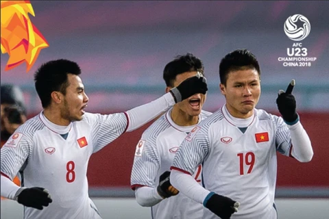 Pha ăn mừng bàn thắng vào lưới U23 Qatar của tiền vệ Nguyễn Quang Hải (phải). (Nguồn: Fox Sports Asia)