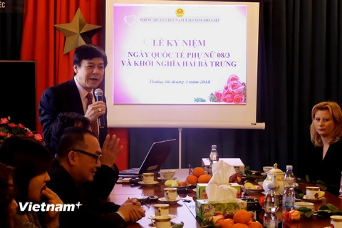 Đại sứ Hồ Minh Tuấn phát biểu tại buổi gặp mặt. (Ảnh: Nguyễn Công Thuận/Vietnam+)