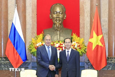  Chủ tịch nước Trần Đại Quang tiếp Bộ trưởng Ngoại giao Liên bang Nga Sergey Lavrov đang thăm chính thức Việt Nam. (Ảnh: Nhan Sáng/TTXVN)