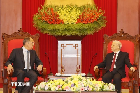 Tổng Bí thư Nguyễn Phú Trọng tiếp Bộ trưởng Ngoại giao Liên bang Nga Sergey Lavrov thăm chính thức Việt Nam. (Ảnh: Trí Dũng/TTXVN)