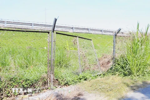 Hàng rào B40 bảo vệ đường cao tốc bị phá, lấy lối đi lên cao tốc. (Ảnh: Nam Thái/TTXVN)