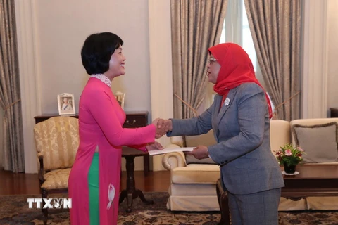 Đại sứ Đặc mệnh toàn quyền Việt Nam tại Cộng hòa Singapore Tào Thị Thanh Hương đã trình Quốc thư lên Tổng thống Singapore Halimah Yacob. (Ảnh: TTXVN phát)